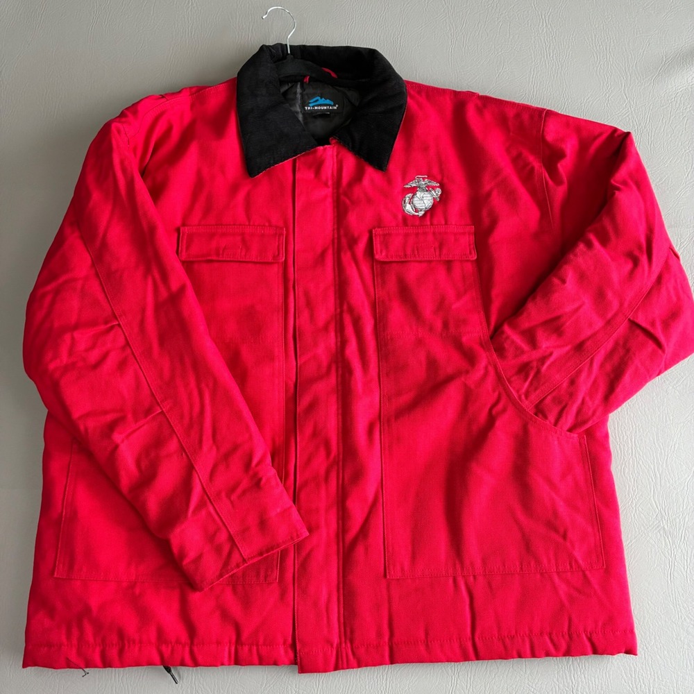 Tri-Mountain Mens 2XL Red Canvas Work Jacket Marine Corps Logo Corduroy Collar